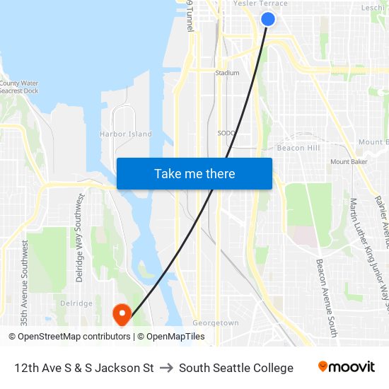 12th Ave S & S Jackson St to South Seattle College map