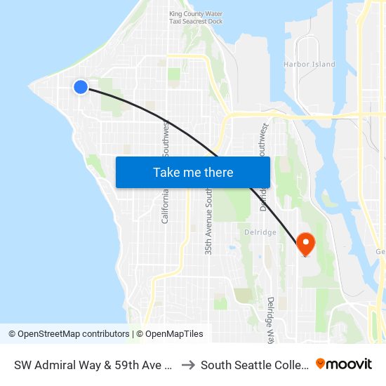 SW Admiral Way & 59th Ave SW to South Seattle College map