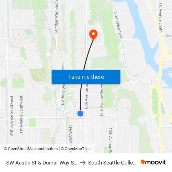 SW Austin St & Dumar Way SW to South Seattle College map