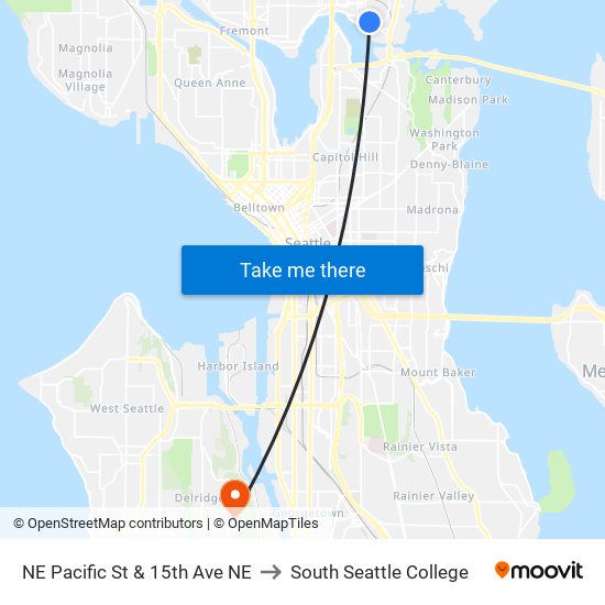 NE Pacific St & 15th Ave NE to South Seattle College map