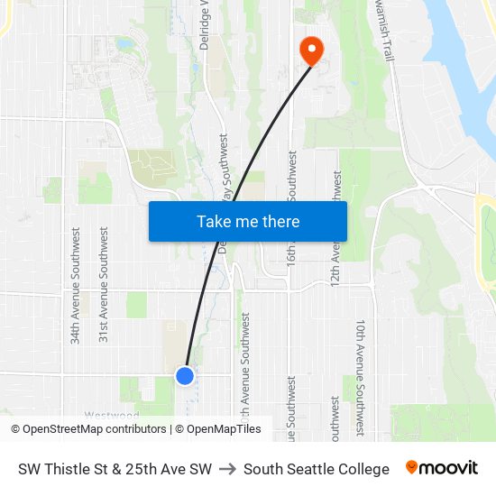 SW Thistle St & 25th Ave SW to South Seattle College map