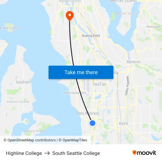 Highline College to South Seattle College map