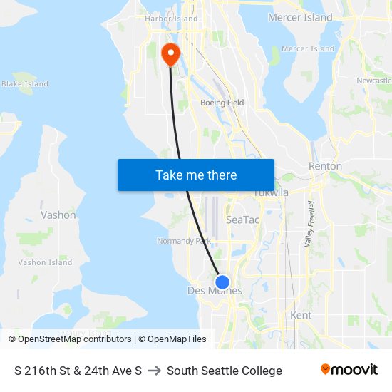 S 216th St & 24th Ave S to South Seattle College map