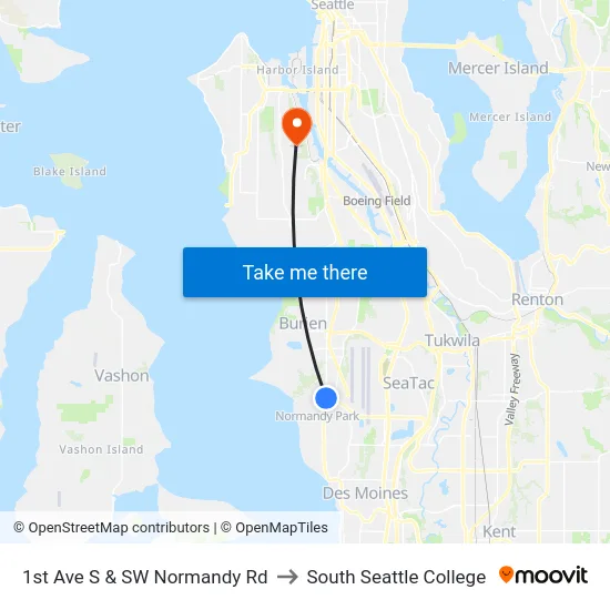 1st Ave S & SW Normandy Rd to South Seattle College map