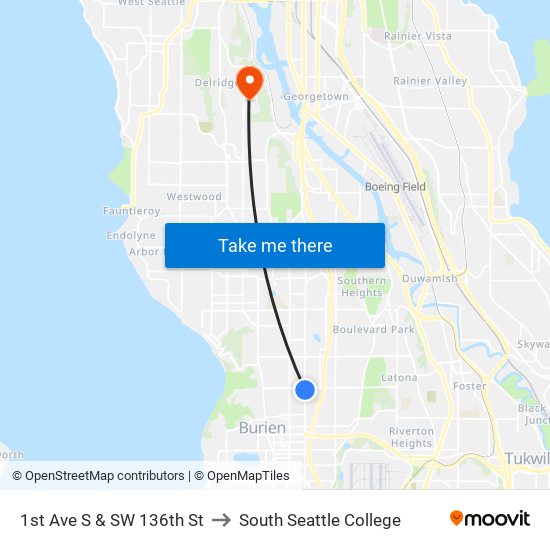 1st Ave S & SW 136th St to South Seattle College map