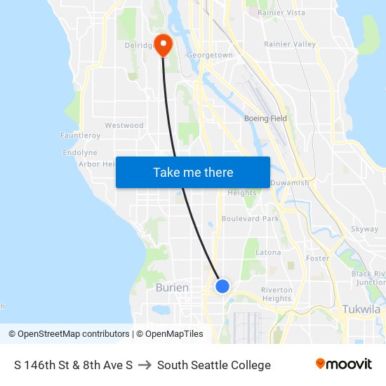 S 146th St & 8th Ave S to South Seattle College map