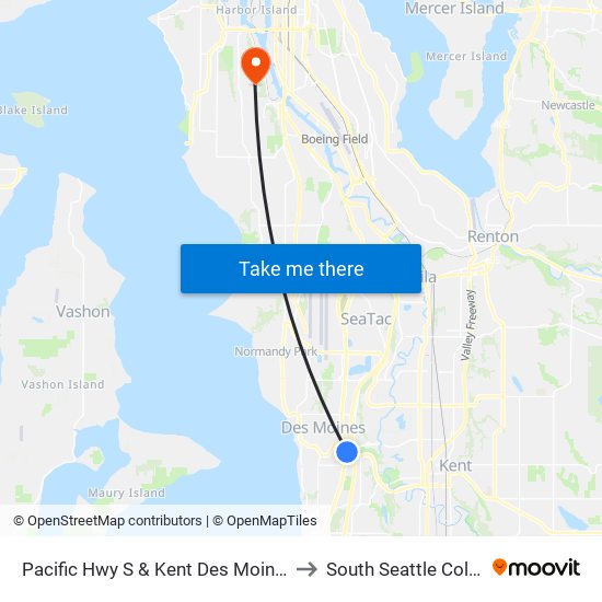 Pacific Hwy S & Kent Des Moines Rd to South Seattle College map