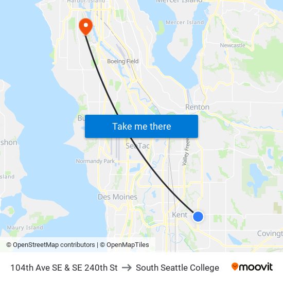 104th Ave SE & SE 240th St to South Seattle College map