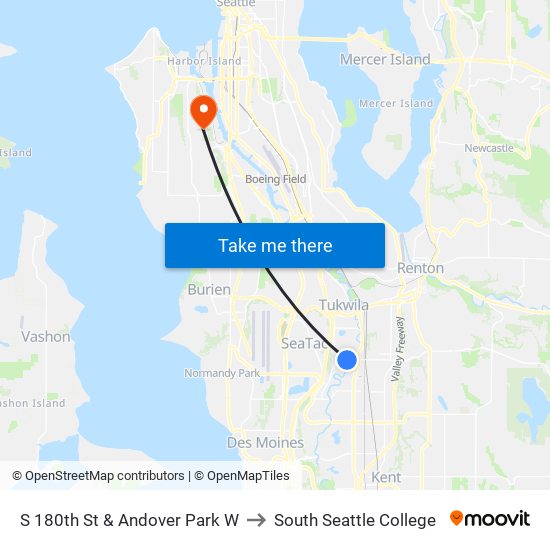 S 180th St & Andover Park W to South Seattle College map