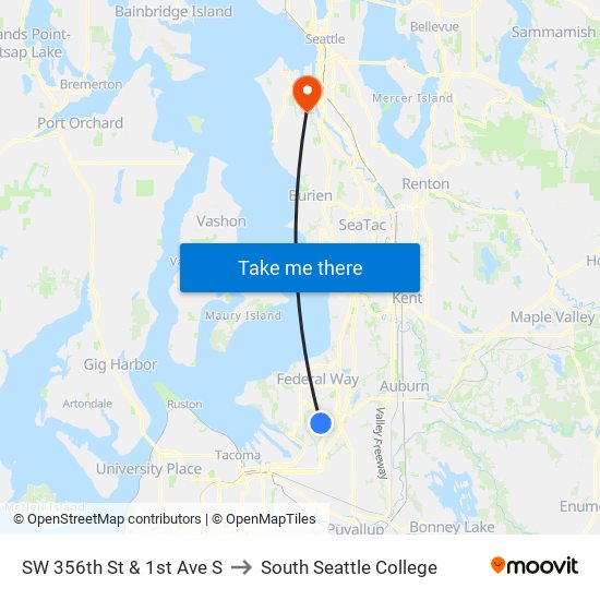 SW 356th St & 1st Ave S to South Seattle College map