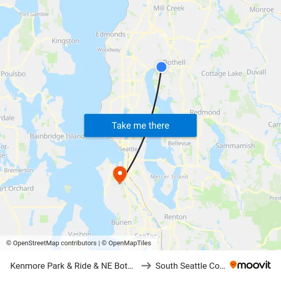 Kenmore Park & Ride & NE Bothell Way to South Seattle College map
