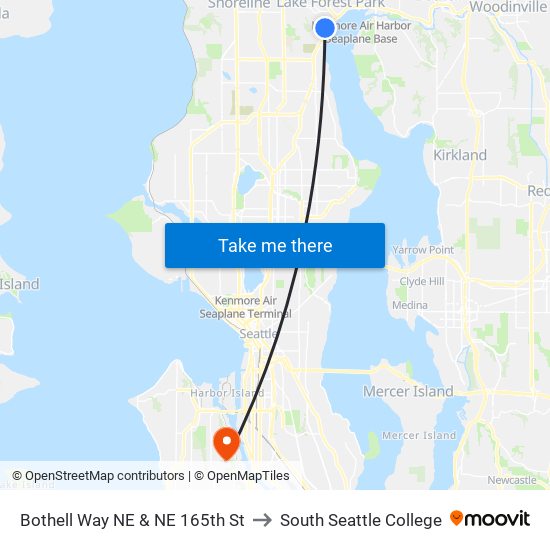 Bothell Way NE & NE 165th St to South Seattle College map