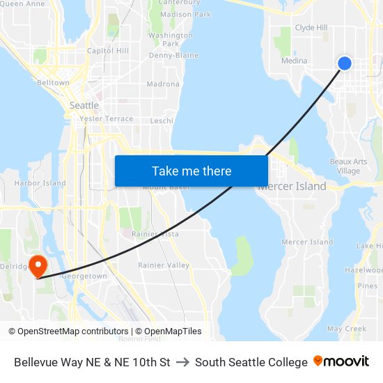 Bellevue Way NE & NE 10th St to South Seattle College map