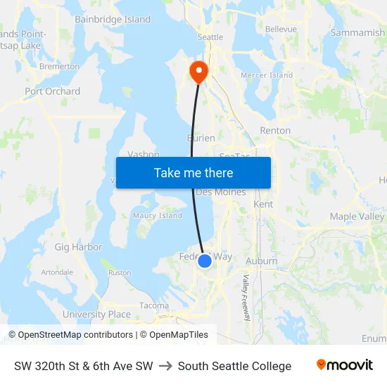SW 320th St & 6th Ave SW to South Seattle College map