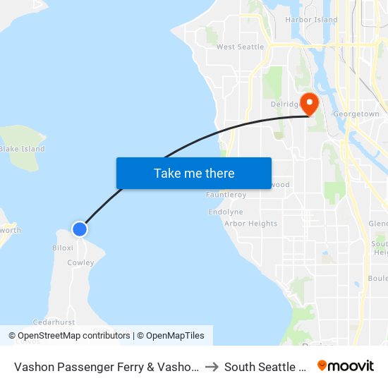 Vashon Passenger Ferry & Vashon Ferry Dock to South Seattle College map