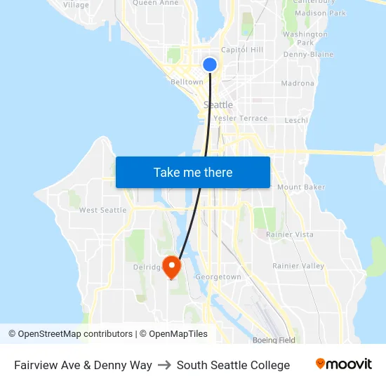 Fairview Ave & Denny Way to South Seattle College map