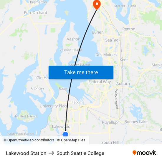 Lakewood Station to South Seattle College map