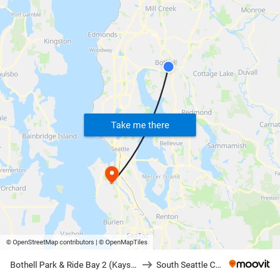 Bothell Park & Ride Bay 2 (Kaysner Way) to South Seattle College map