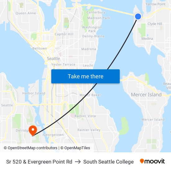 Sr 520 & Evergreen Point Rd to South Seattle College map