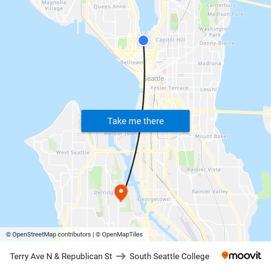 Terry Ave N & Republican St to South Seattle College map