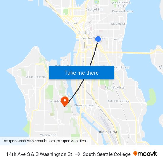 14th Ave S & S Washington St to South Seattle College map