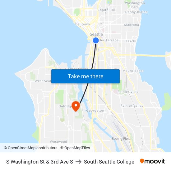 S Washington St & 3rd Ave S to South Seattle College map