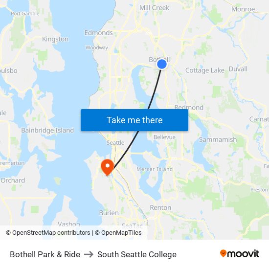 Bothell Park & Ride to South Seattle College map