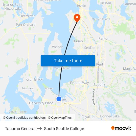 Tacoma General to South Seattle College map