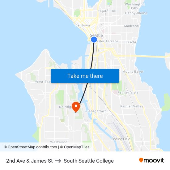 2nd Ave & James St to South Seattle College map