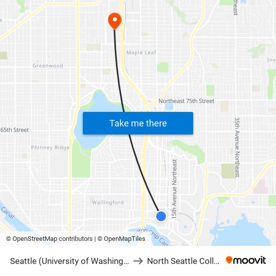 Seattle (University of Washington) to North Seattle College map