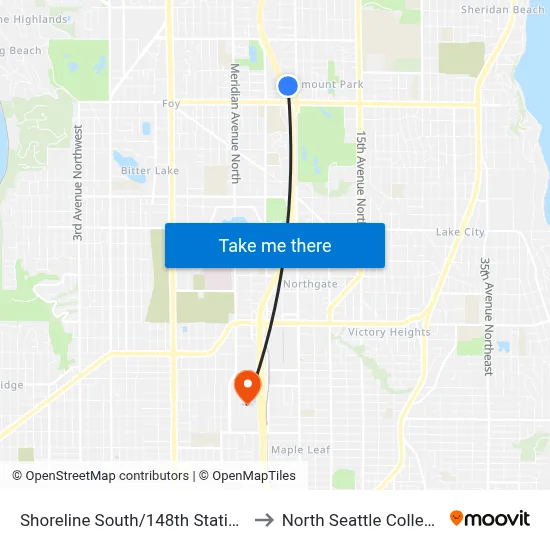 Shoreline South/148th Station to North Seattle College map
