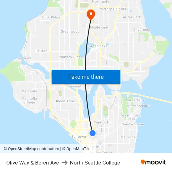 Olive Way & Boren Ave to North Seattle College map