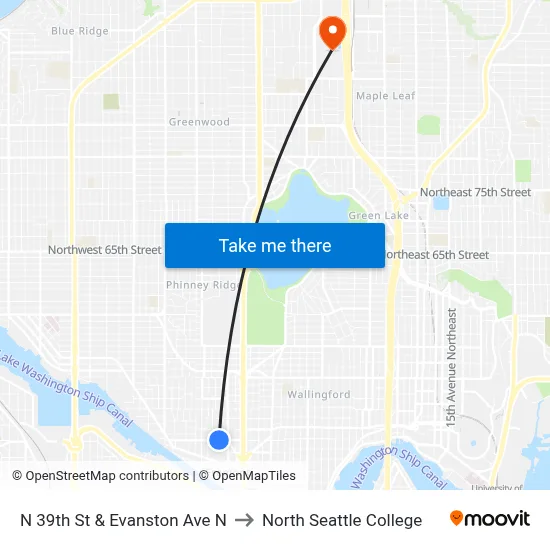 N 39th St & Evanston Ave N to North Seattle College map