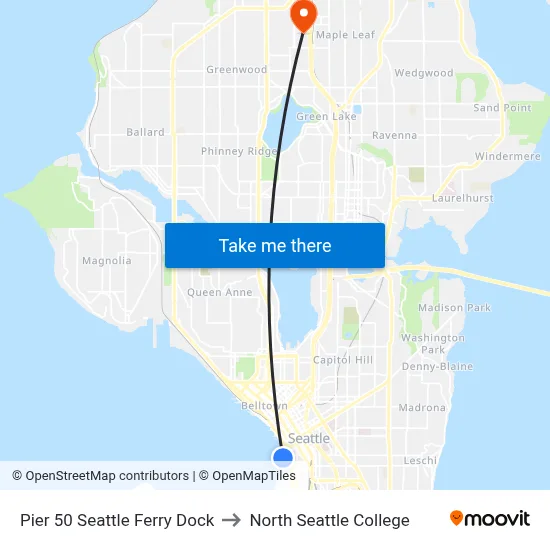 Pier 50 Seattle Ferry Dock to North Seattle College map