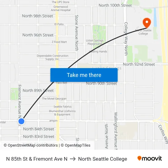 N 85th St & Fremont Ave N to North Seattle College map