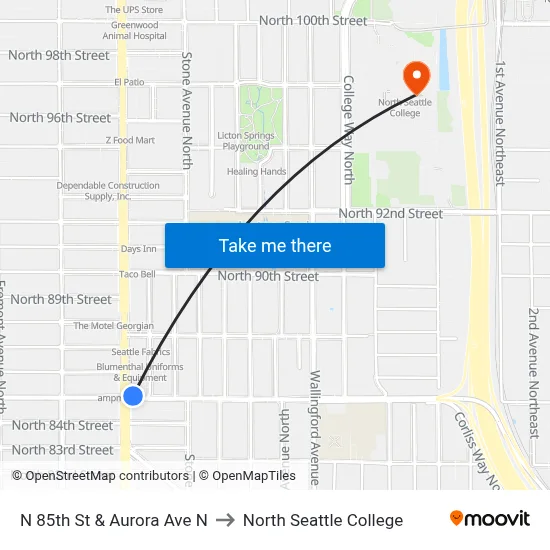 N 85th St & Aurora Ave N to North Seattle College map