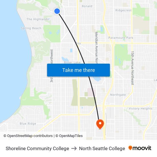 Shoreline Community College to North Seattle College map