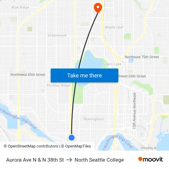 Aurora Ave N & N 38th St to North Seattle College map
