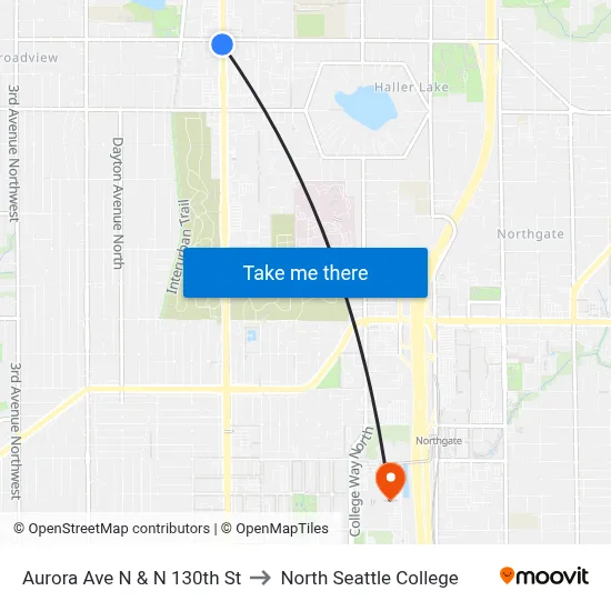 Aurora Ave N & N 130th St to North Seattle College map