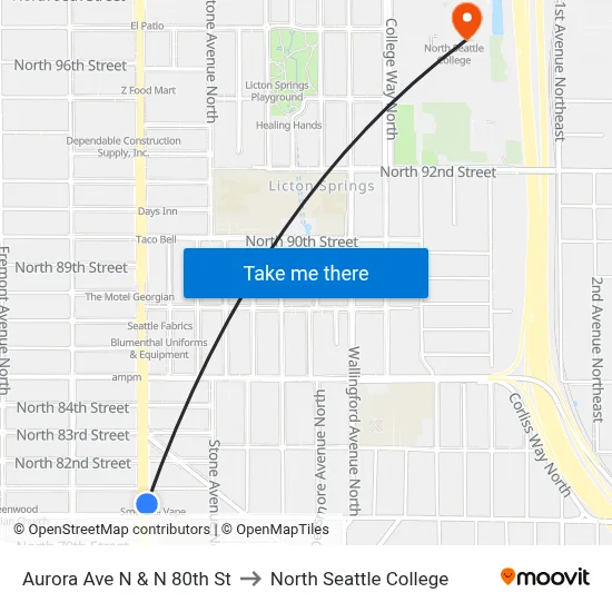 Aurora Ave N & N 80th St to North Seattle College map