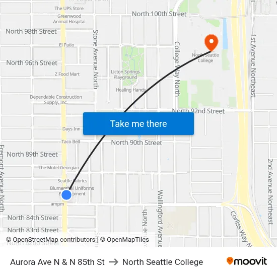 Aurora Ave N & N 85th St to North Seattle College map