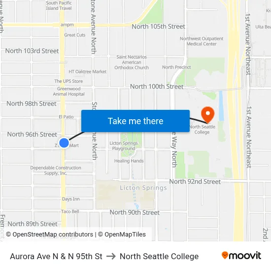 Aurora Ave N & N 95th St to North Seattle College map