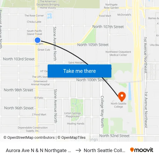 Aurora Ave N & N Northgate Way to North Seattle College map