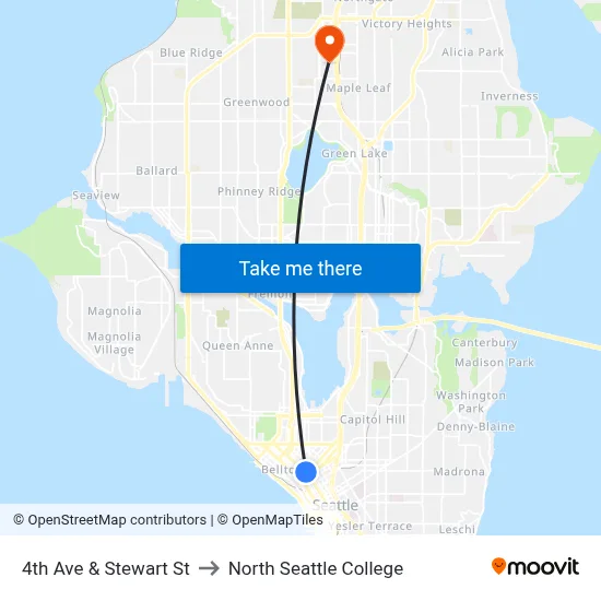 4th Ave & Stewart St to North Seattle College map