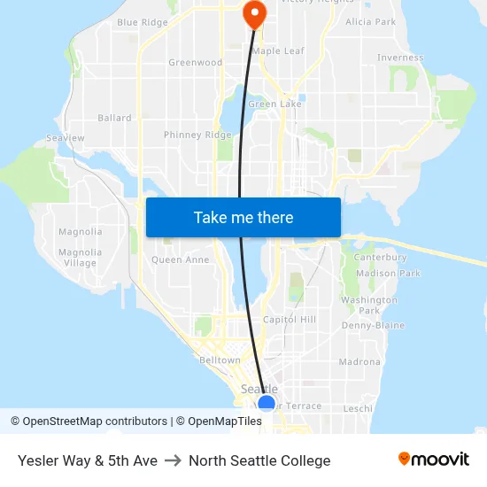 Yesler Way & 5th Ave to North Seattle College map