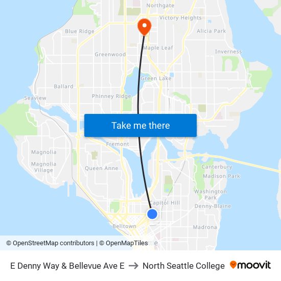 E Denny Way & Bellevue Ave E to North Seattle College map