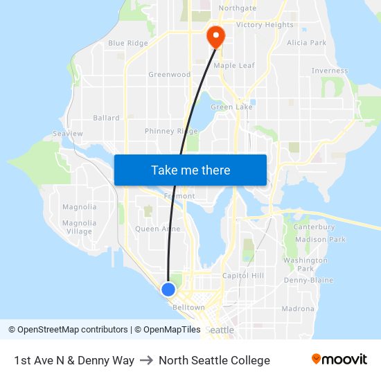 1st Ave N & Denny Way to North Seattle College map