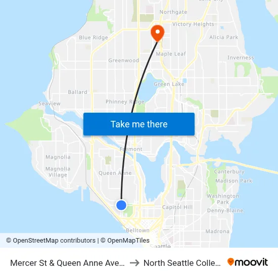 Mercer St & Queen Anne Ave N to North Seattle College map