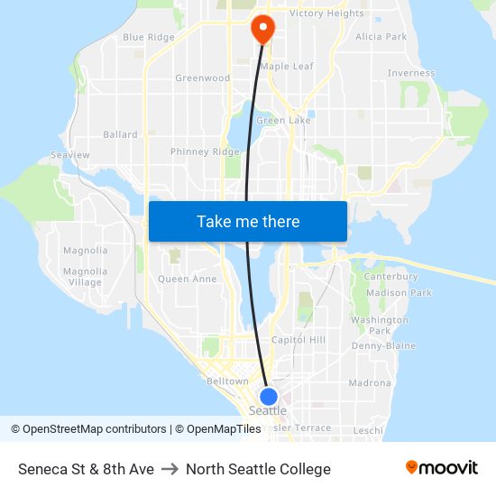 Seneca St & 8th Ave to North Seattle College map