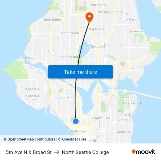 5th Ave N & Broad St to North Seattle College map